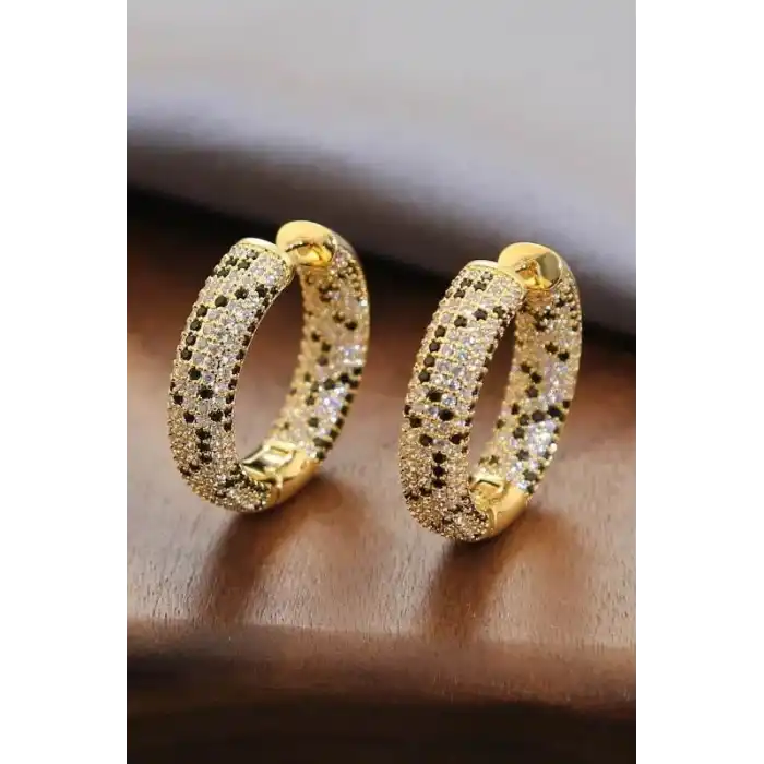 Altın Renk Taş Detaylı 14K Altın Kaplama Halka Küpe (Çift)