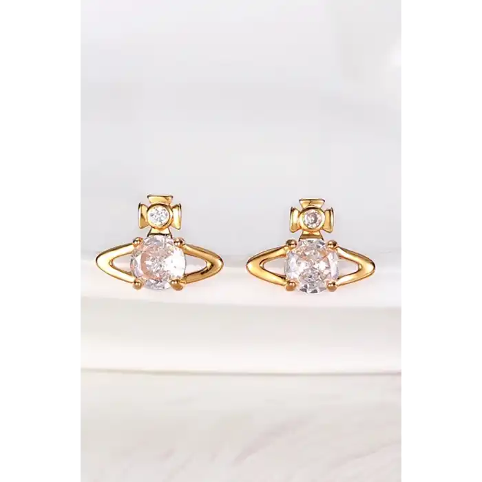 Altın Renk Taş Detaylı 14K Altın Kaplama Küpe (Çift)