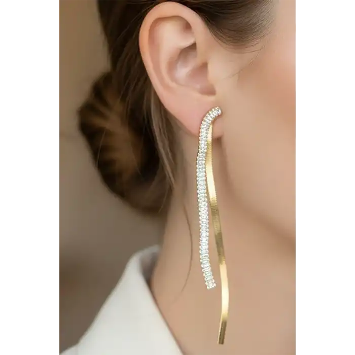 Altın Renk Taş Detaylı 14k Altın Kaplama Küpe (Çift)