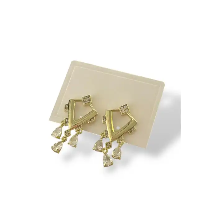 Altın Renk Taş Detaylı 14K Altın Kaplama Küpe (Çift)