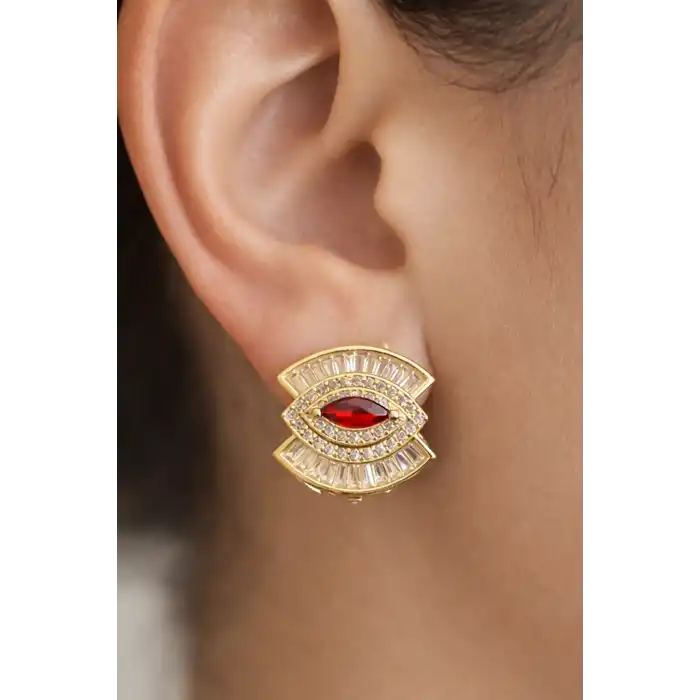 Altın Renk Taş Detaylı 14k Altın Kaplama Küpe (Çift)