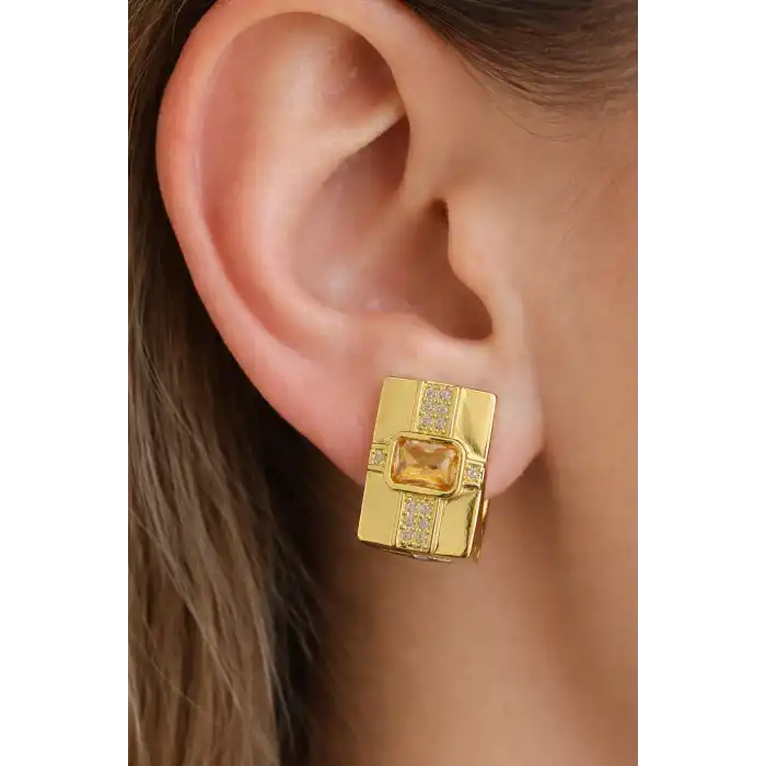 Altın Renk Taş Detaylı 14k Altın Kaplama Küpe (Çift)