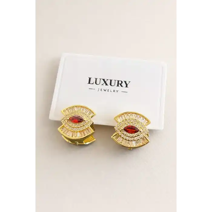 Altın Renk Taş Detaylı 14k Altın Kaplama Küpe (Çift)