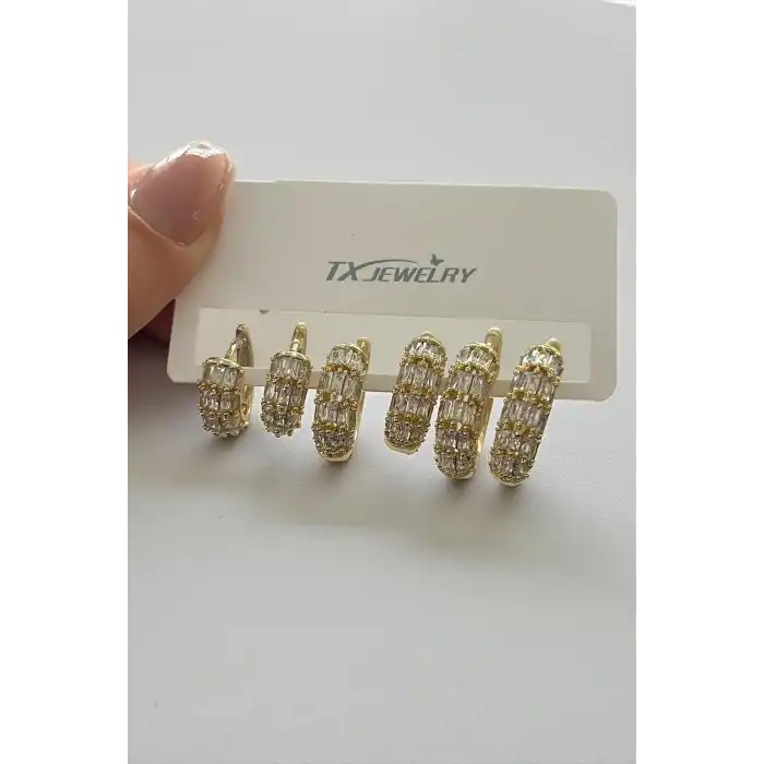 Altın Renk Taş Detaylı 14K Altın Kaplama TX 6lı Halka Küpe Set