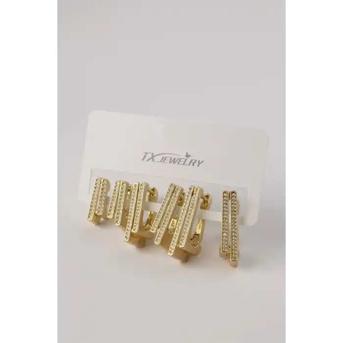 Altın Renk Taş Detaylı 14K Altın Kaplama TX 6lı Küpe Set