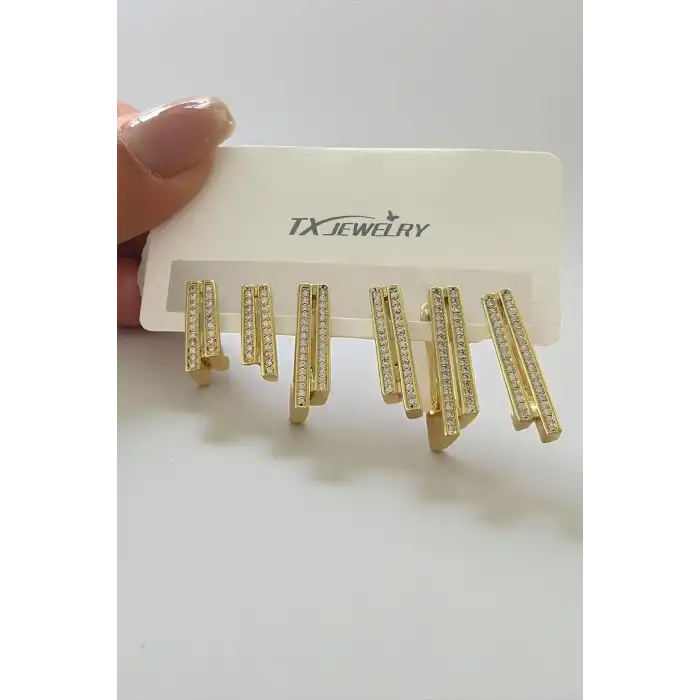 Altın Renk Taş Detaylı 14K Altın Kaplama TX 6lı Küpe Set