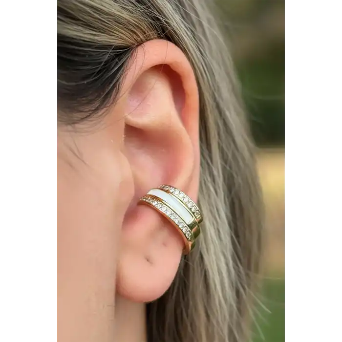 Altın Renk Taş Detaylı 14K Altın Kaplama TX Ear Cuff (Tek)