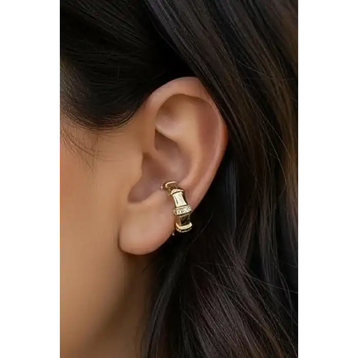 Altın Renk Taş Detaylı 14K Altın Kaplama TX Ear Cuff (Tek)