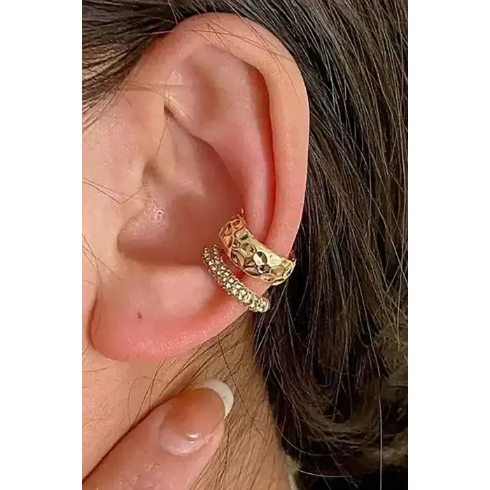 Altın Renk Taş Detaylı 14K Altın Kaplama TX Ear Cuff (Tek)