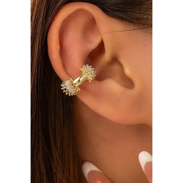 Altın Renk Taş Detaylı 14K Altın Kaplama TX Ear Cuff (Tek)