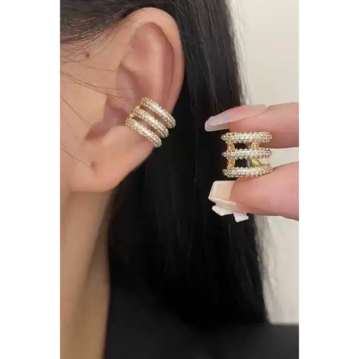 Altın Renk Taş Detaylı 14K Altın Kaplama TX Ear Cuff (Tek)