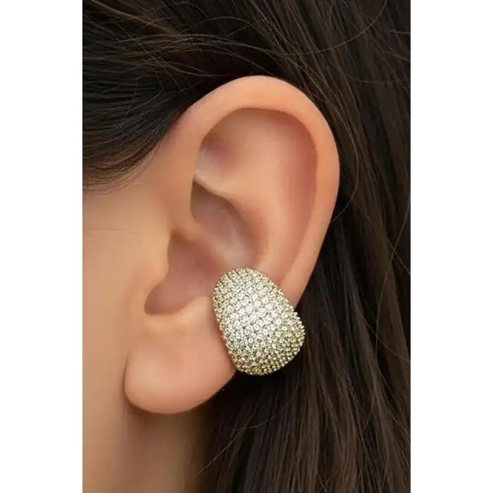 Altın Renk Taş Detaylı 14K Altın Kaplama TX Ear Cuff (Tek)