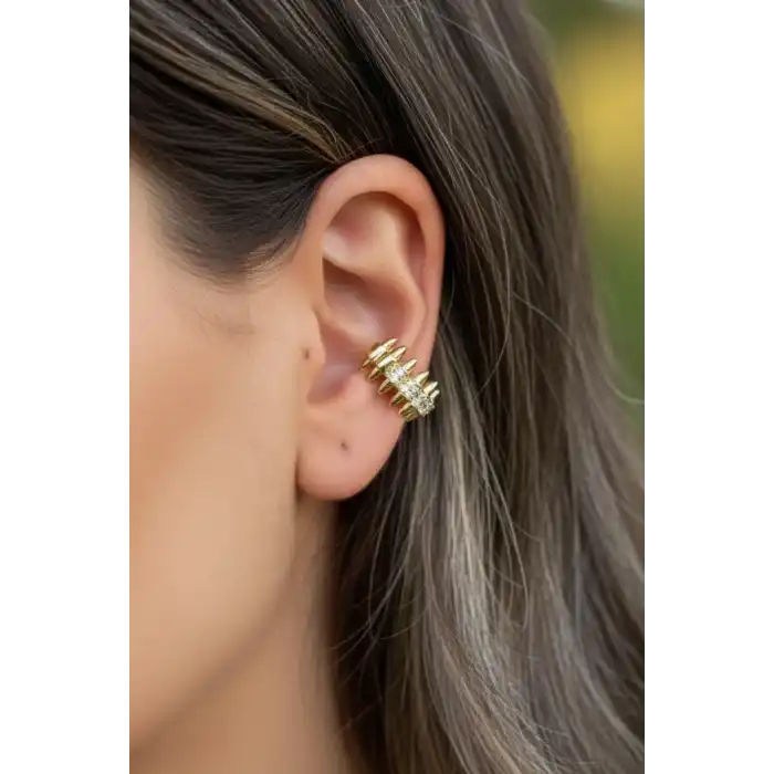 Altın Renk Taş Detaylı 14K Altın Kaplama TX Ear Cuff (Tek)