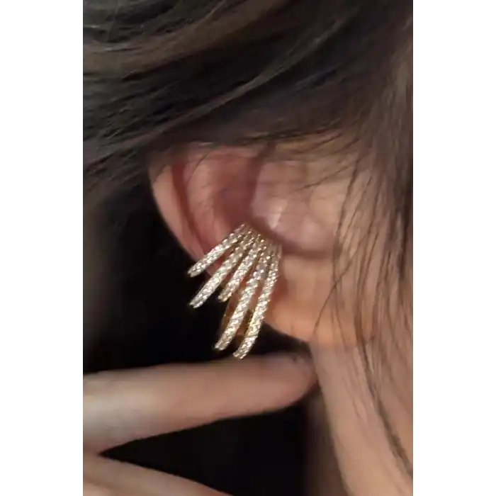 Altın Renk Taş Detaylı 14K Altın Kaplama TX Ear Cuff (Tek)
