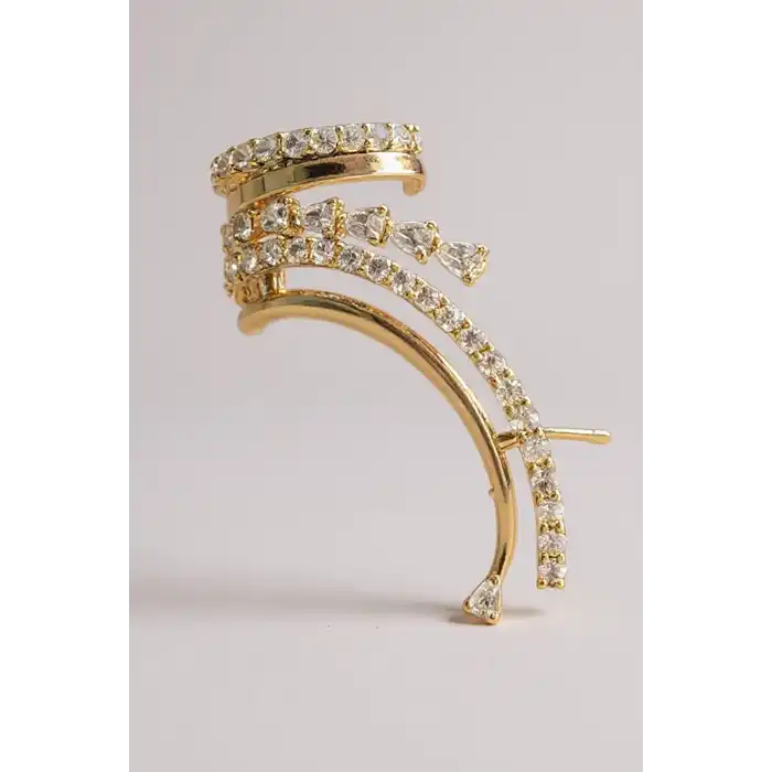 Altın Renk Taş Detaylı 14K Altın Kaplama TX Ear Cuff (Tek)
