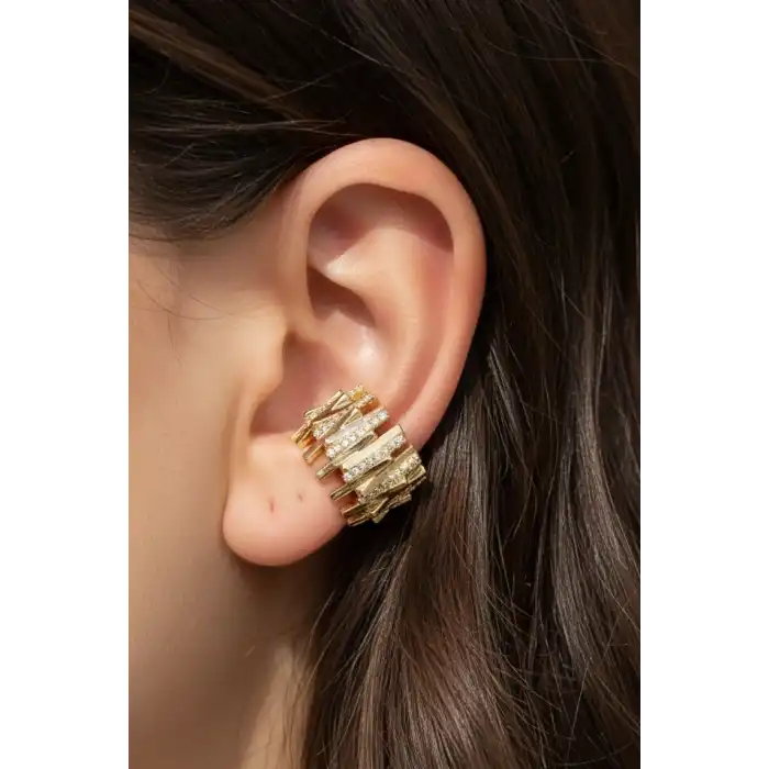 Altın Renk Taş Detaylı 14K Altın Kaplama TX Ear Cuff (Tek)