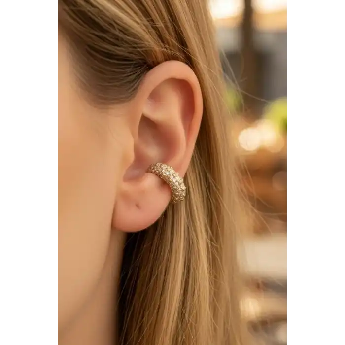 Altın Renk Taş Detaylı 14K Altın Kaplama TX Ear Cuff (Tek)