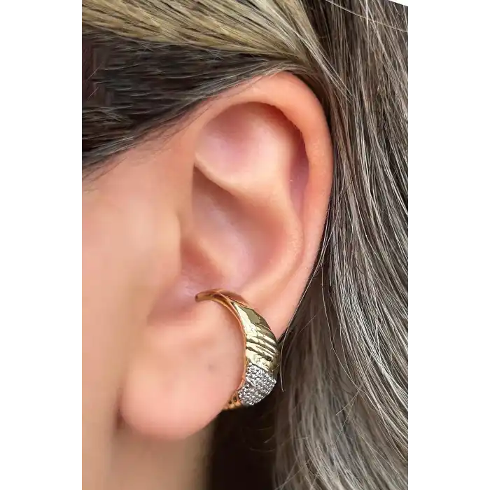 Altın Renk Taş Detaylı 14K Altın Kaplama TX Ear Cuff (Tek)