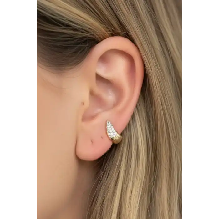 Altın Renk Taş Detaylı 14K Altın Kaplama TX Ear Cuff (Tek)