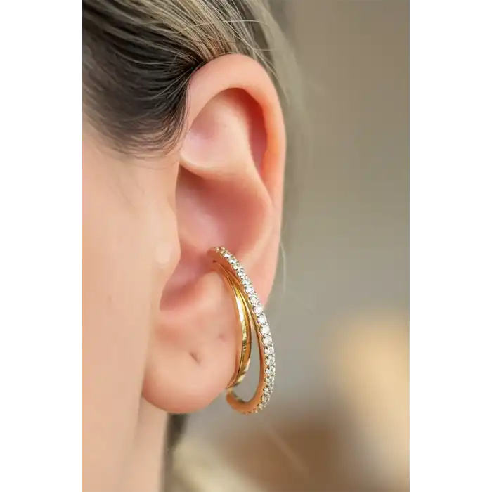 Altın Renk Taş Detaylı 14K Altın Kaplama TX Ear Cuff (Tek)