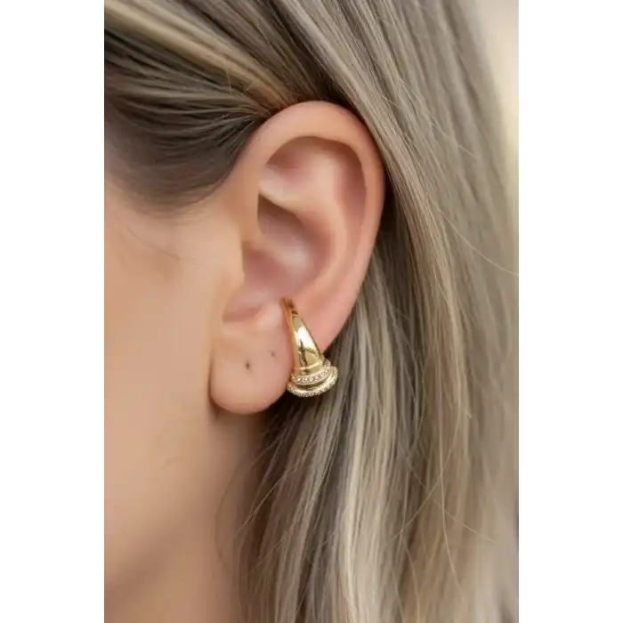 Altın Renk Taş Detaylı 14K Altın Kaplama TX Ear Cuff (Tek)