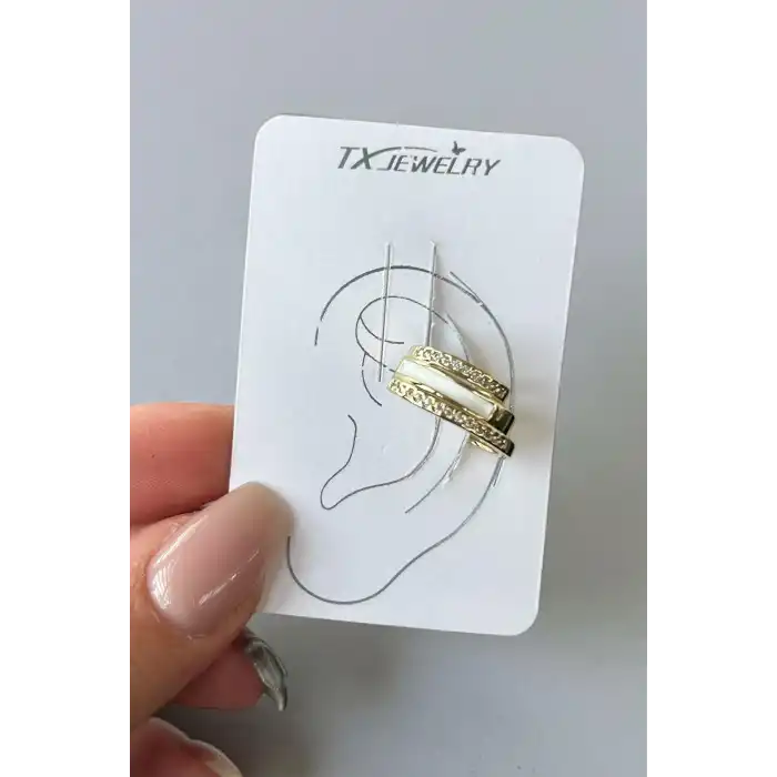 Altın Renk Taş Detaylı 14K Altın Kaplama TX Ear Cuff (Tek)