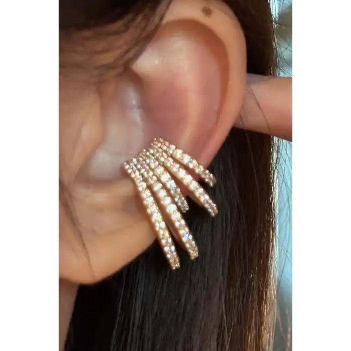 Altın Renk Taş Detaylı 14K Altın Kaplama TX Ear Cuff (Tek)