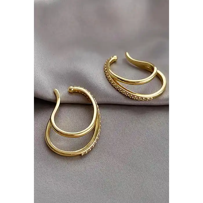 Altın Renk Taş Detaylı 14K Altın Kaplama TX Ear Cuff (Tek)