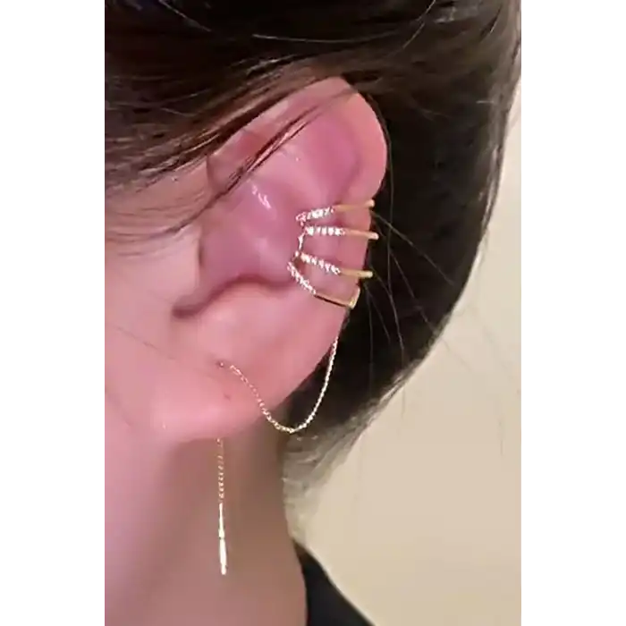 Altın Renk Taş Detaylı 14K Altın Kaplama TX Ear Cuff (Tek)