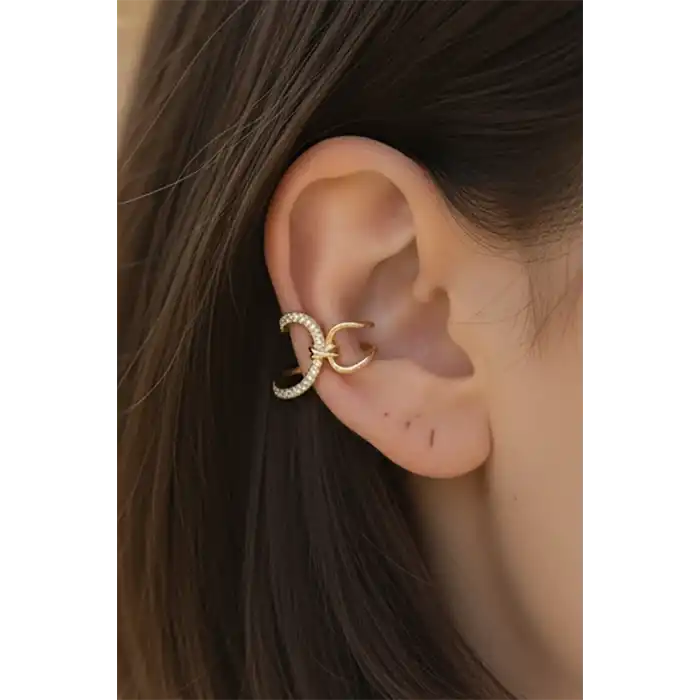 Altın Renk Taş Detaylı 14K Altın Kaplama TX Ear Cuff (Tek)