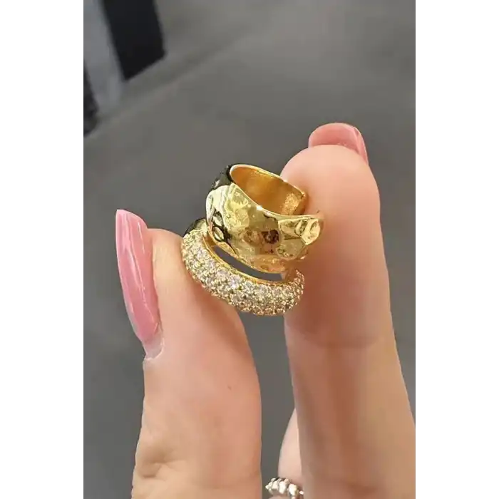 Altın Renk Taş Detaylı 14K Altın Kaplama TX Ear Cuff (Tek)