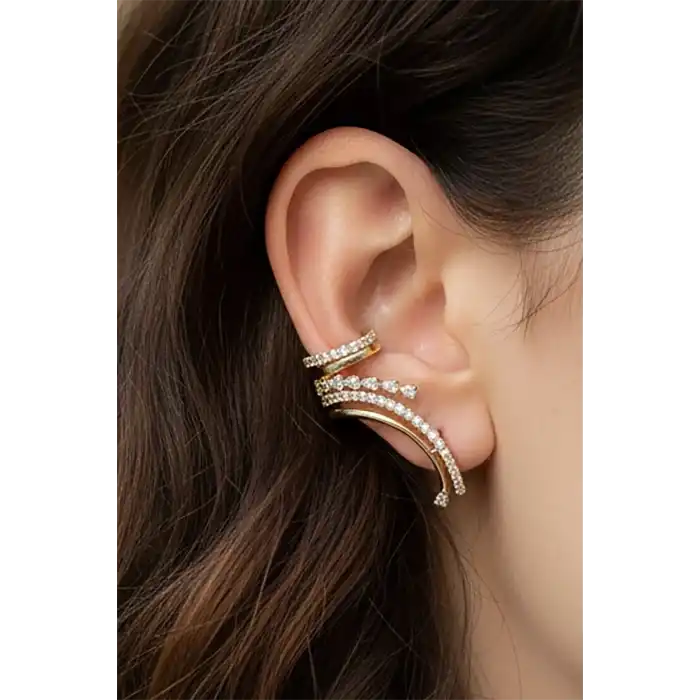 Altın Renk Taş Detaylı 14K Altın Kaplama TX Ear Cuff (Tek)