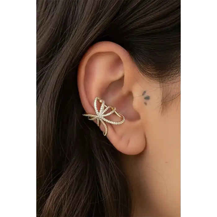 Altın Renk Taş Detaylı 14K Altın Kaplama TX Ear Cuff (Tek)