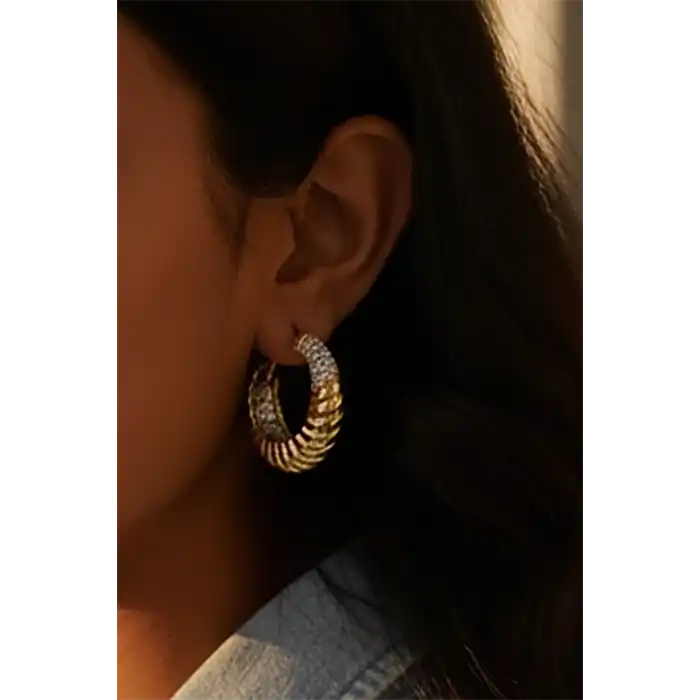 Altın Renk Taş Detaylı 14K Altın Kaplama TX Halka Küpe (Çift)