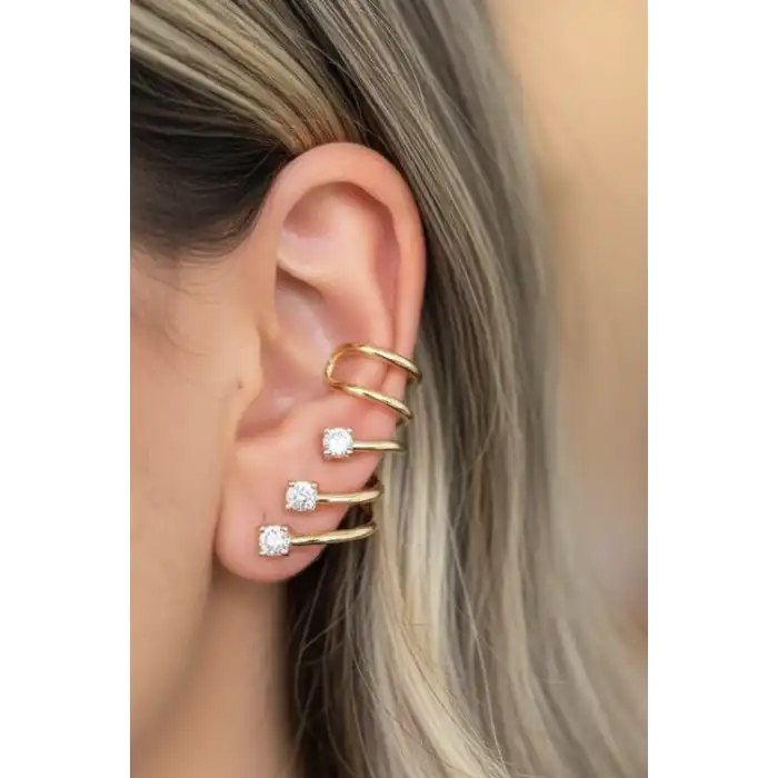 Altın Renk Taş Detaylı 14K Altın Kaplama TX Kulak Akseusarı (Tek)