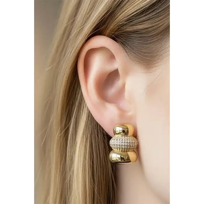 Altın Renk Taş Detaylı 14K Altın Kaplama TX Küpe (Çift)