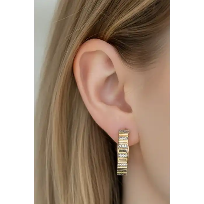 Altın Renk Taş Detaylı 14K Altın Kaplama TX Küpe (Çift)