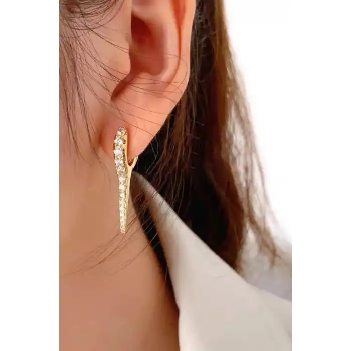 Altın Renk Taş Detaylı 14K Altın Kaplama TX Küpe (Çift)