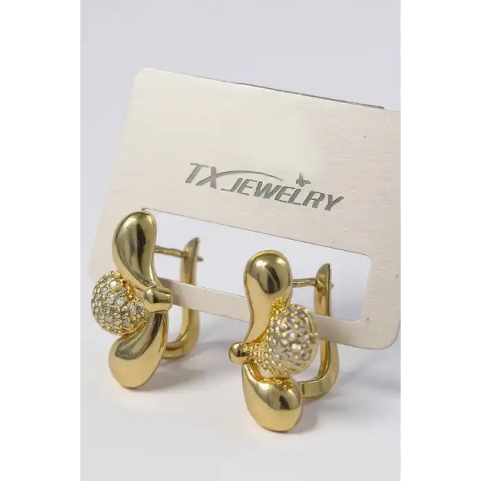 Altın Renk Taş Detaylı 14K Altın Kaplama TX Küpe (Çift)