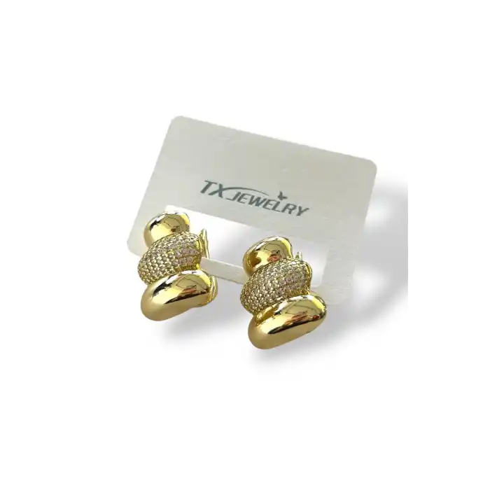 Altın Renk Taş Detaylı 14K Altın Kaplama TX Küpe (Çift)