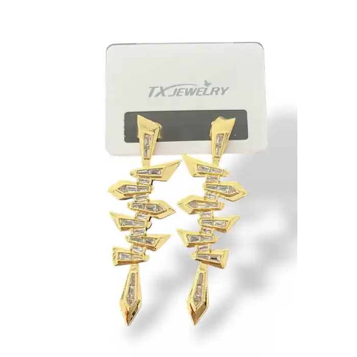 Altın Renk Taş Detaylı 14K Altın Kaplama TX Küpe (Çift)