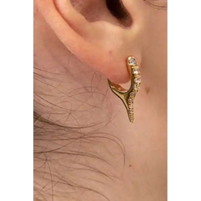 Altın Renk Taş Detaylı 14K Altın Kaplama TX Küpe (Çift)