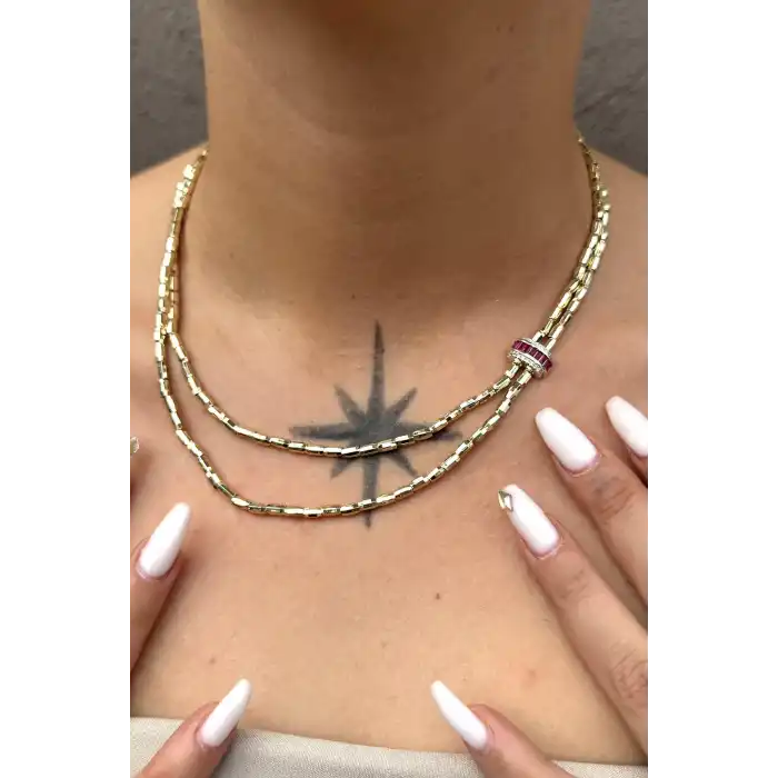 Altın Renk Taş Detaylı 14K Altın Kaplama VİP Kolye