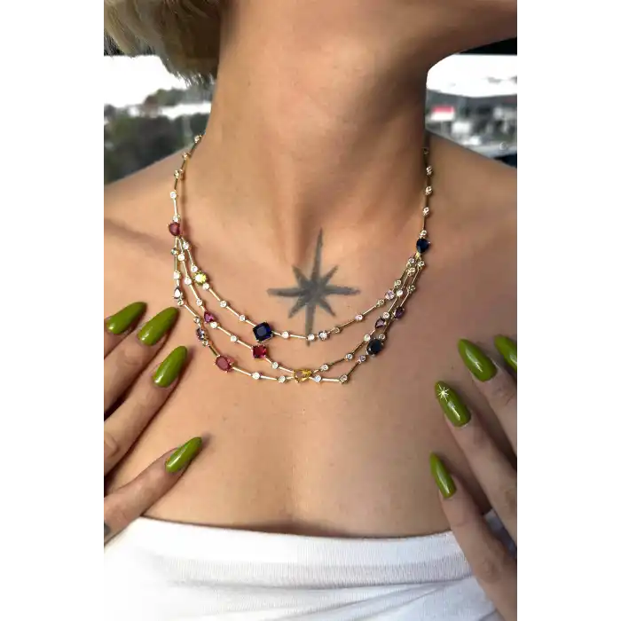 Altın Renk Taş Detaylı 14K Altın Kaplama VİP Kolye