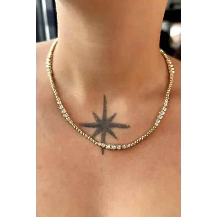 Altın Renk Taş Detaylı 14K Altın Kaplama VİP Kolye