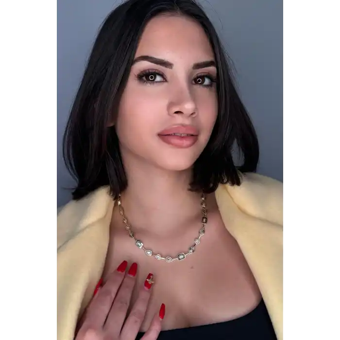 Altın Renk Taş Detaylı 14K Altın Kaplama VİP Kolye