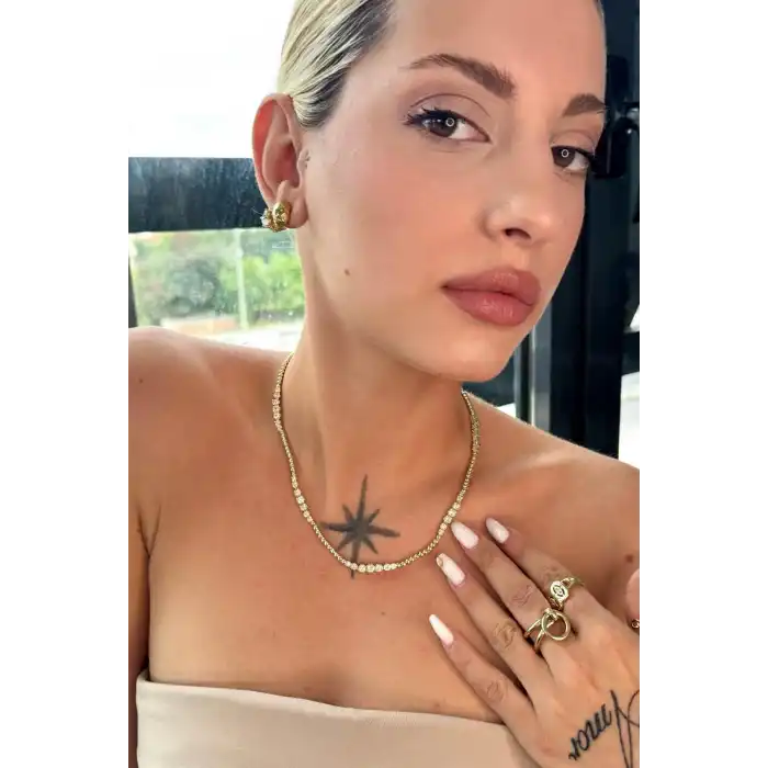 Altın Renk Taş Detaylı 14K Altın Kaplama VİP Kolye