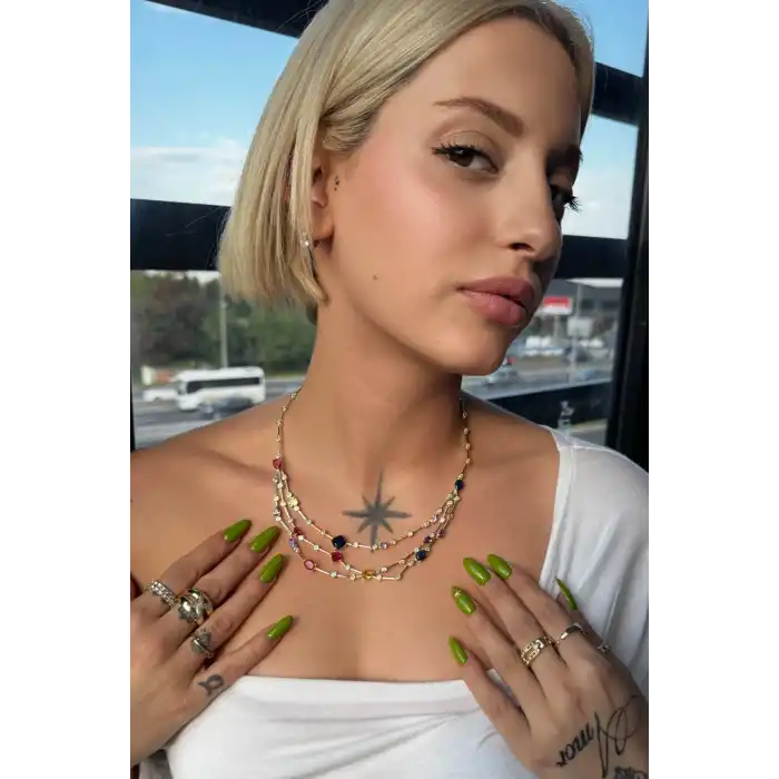 Altın Renk Taş Detaylı 14K Altın Kaplama VİP Kolye