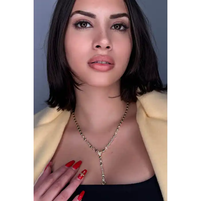 Altın Renk Taş Detaylı 14K Altın Kaplama VİP Kolye