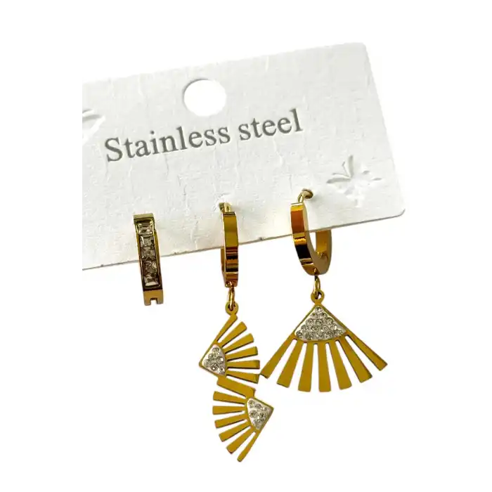 Altın Renk Taş Detaylı 3lü Çelik Küpe